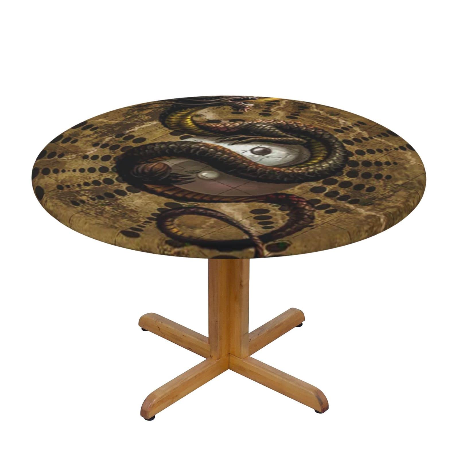 Lsjuee Round Fitted Tablecloth 40-44in Elastic Edged Table Cloth for Kitchen Dining Party Home Decor - Dragon Yin Yang Brown