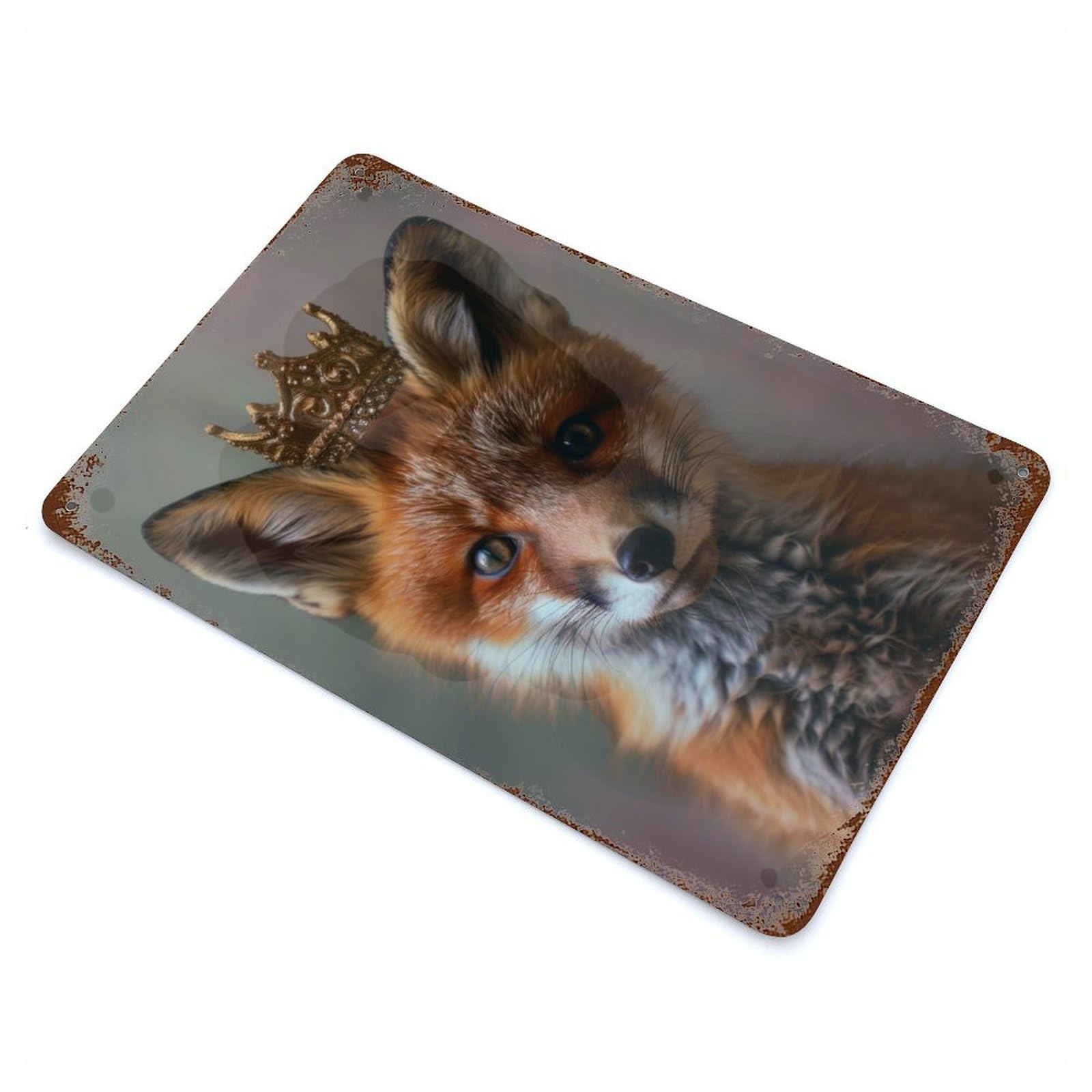Distressed Metal Wall Sign with Fox King Design 11.8"x7.9", for Office, Studio And Wall Decor, Industrial Home Decor