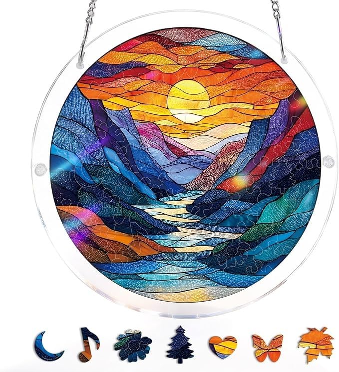 83 Pieces Hanging Acrylic Suncatcher Puzzle,DIY Acrylic Jigsaw Puzzle for Adults, 2mm Transparency Acrylic, Acrylic Suncatcher Puzzles for Doors Garden Window (Valley Sunset, 9 Inches) — image 1