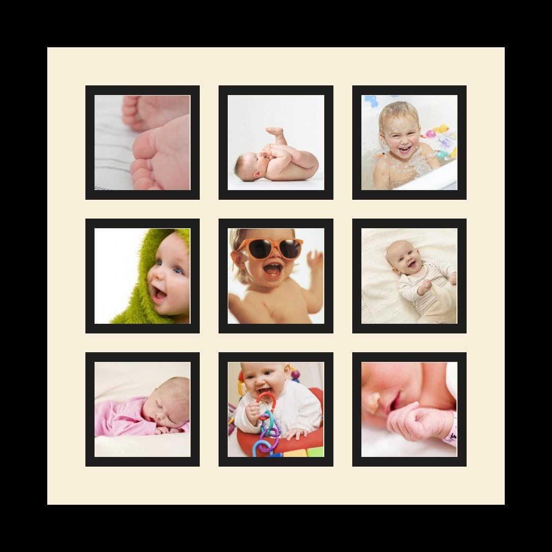 ArtToFrames Collage Photo Frame Single Mat with 9-3x3 Openings with Satin Black Frame and Black mat.