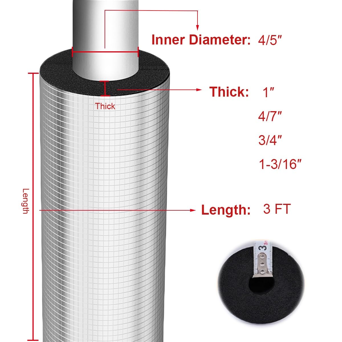 Isolamento autoadesivo per tubi ID 1,5 cm 2 cm 1-0,8 cm 5-1 cm 3-1,3 cm 4-1,3 cm flessibile 1 pezzo (ID 1" xT 4/7")