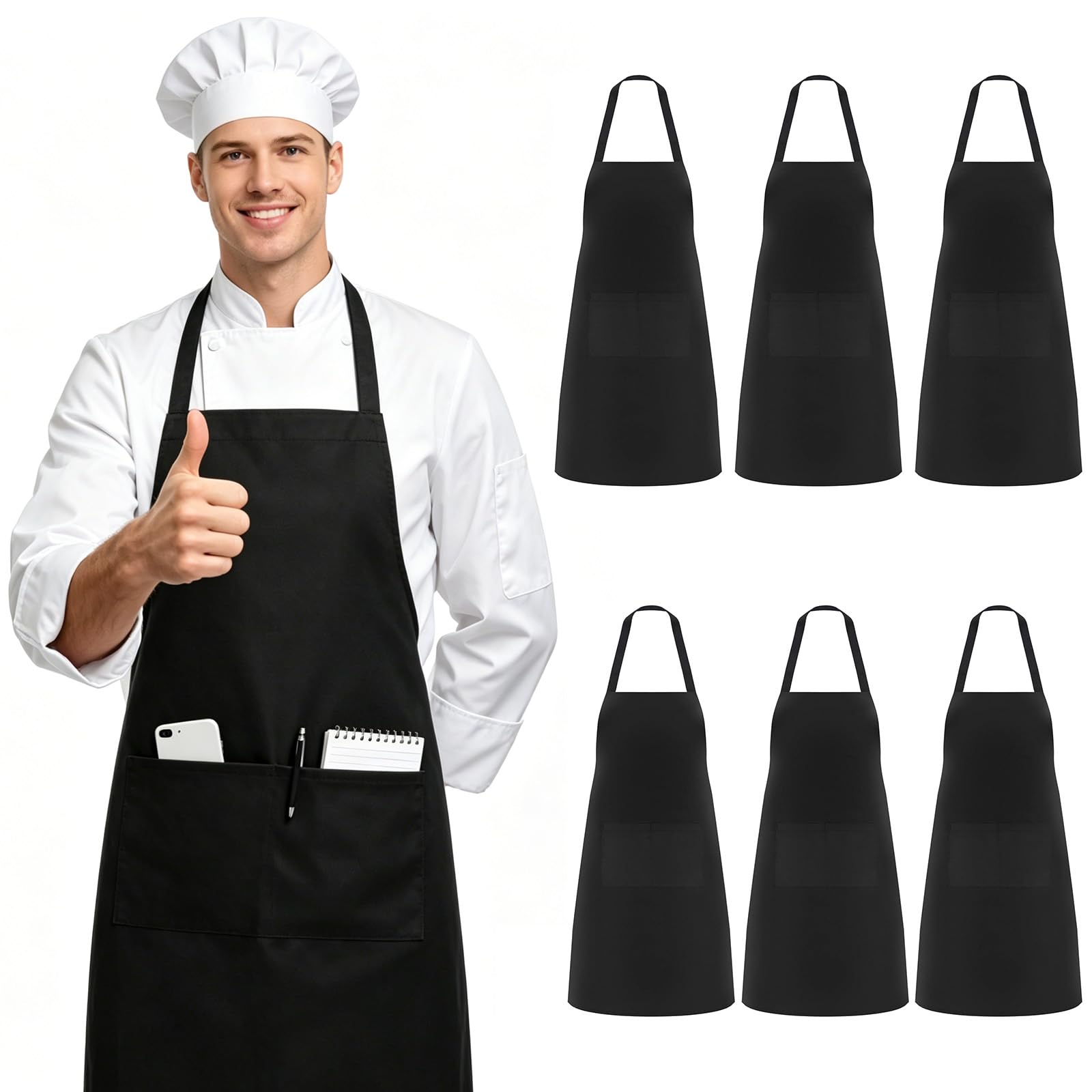 hommova 6 Pack Black Apron with Pockets, Women Men Waterproof Chef Aprons for Home Kitchen Restaurant Bbq Coffee Sho
