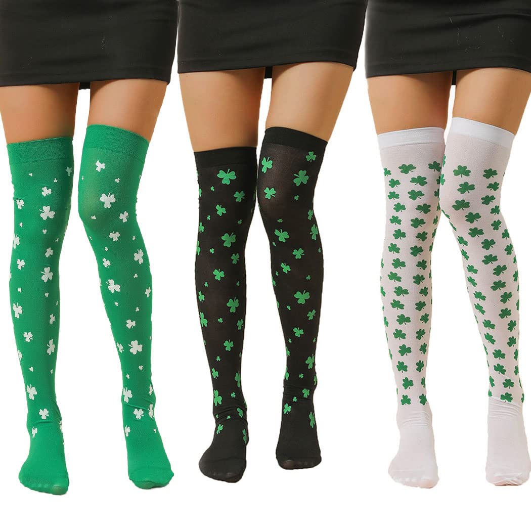 EVAZENSt.Patrick's Day Thigh High Socks Green Knee Socks Striped Thigh High Stockings Shamrock Leg Warmer for Women and Girl