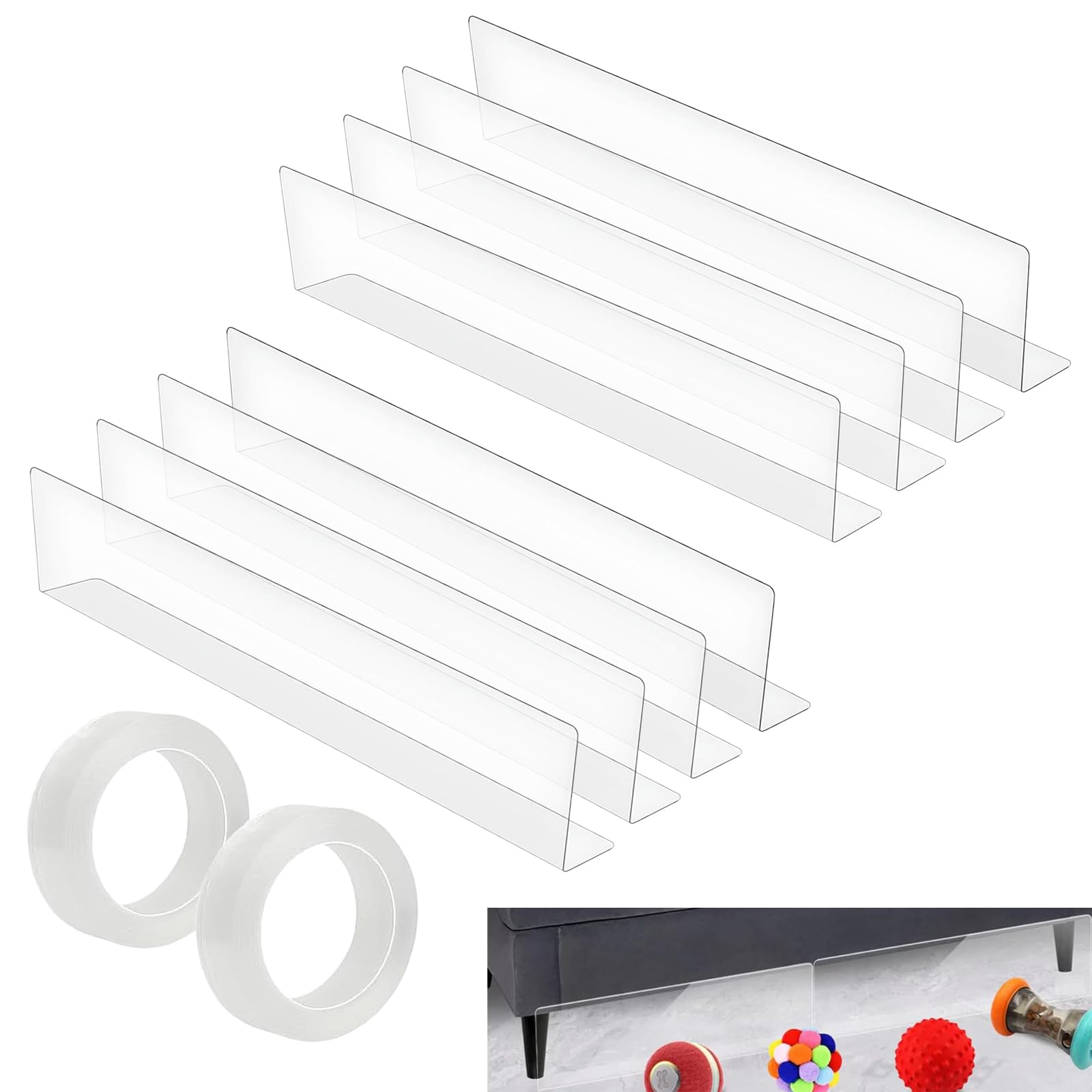 8 Pcs Under Sofa Toy Blockers, Clear Under Furniture Blocker with No-Trace Adhesive Tape Sofa Blocker Bed Blockers for under Couch Bed Furniture 39x8x4CM