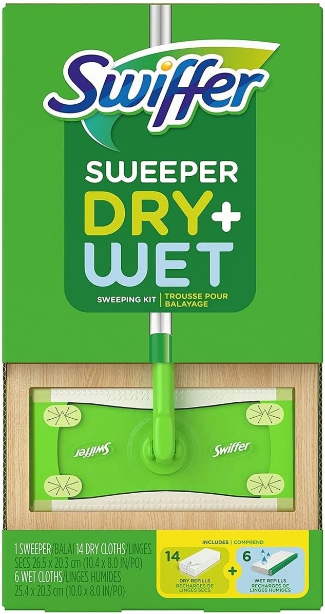 Swiffer Sweeper Dry + Wet sweeping Kit (1 Sweeper, 14 Dry Cloths, 6 Wet Cloths)