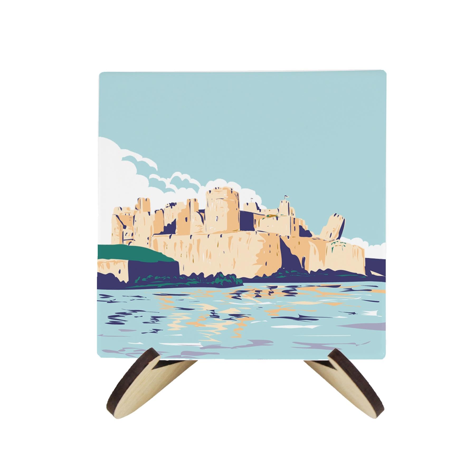 Purely Home Wales Ceramic Coaster Set - Uk Welsh Landmarks/Landscapes Square Set Of Four (4) Coasters Gift & Wood-Effect Coaster Stand