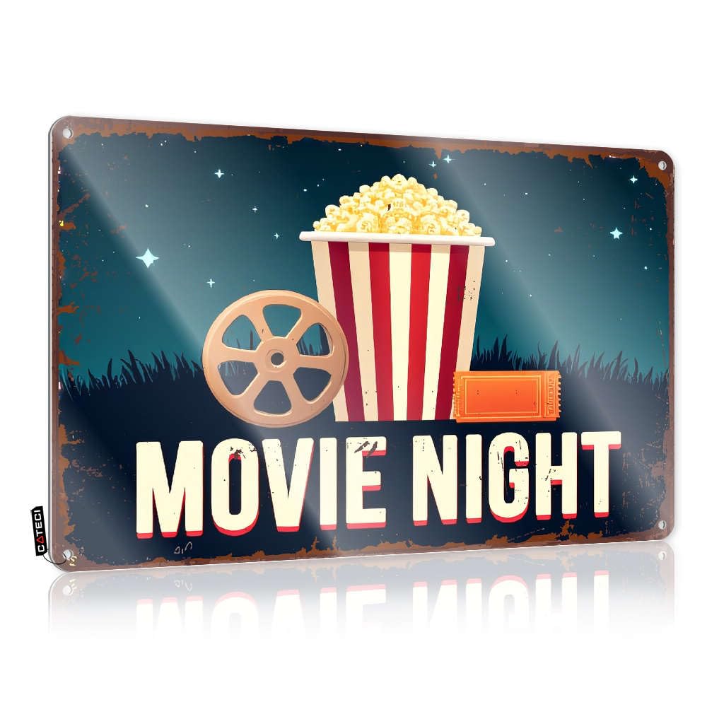 Man Cave Signs For Men Movie Night With Popcorn And Film Reel. Tin Sign Funny Patio Signs Mancave Accessories Men(30X40CM)