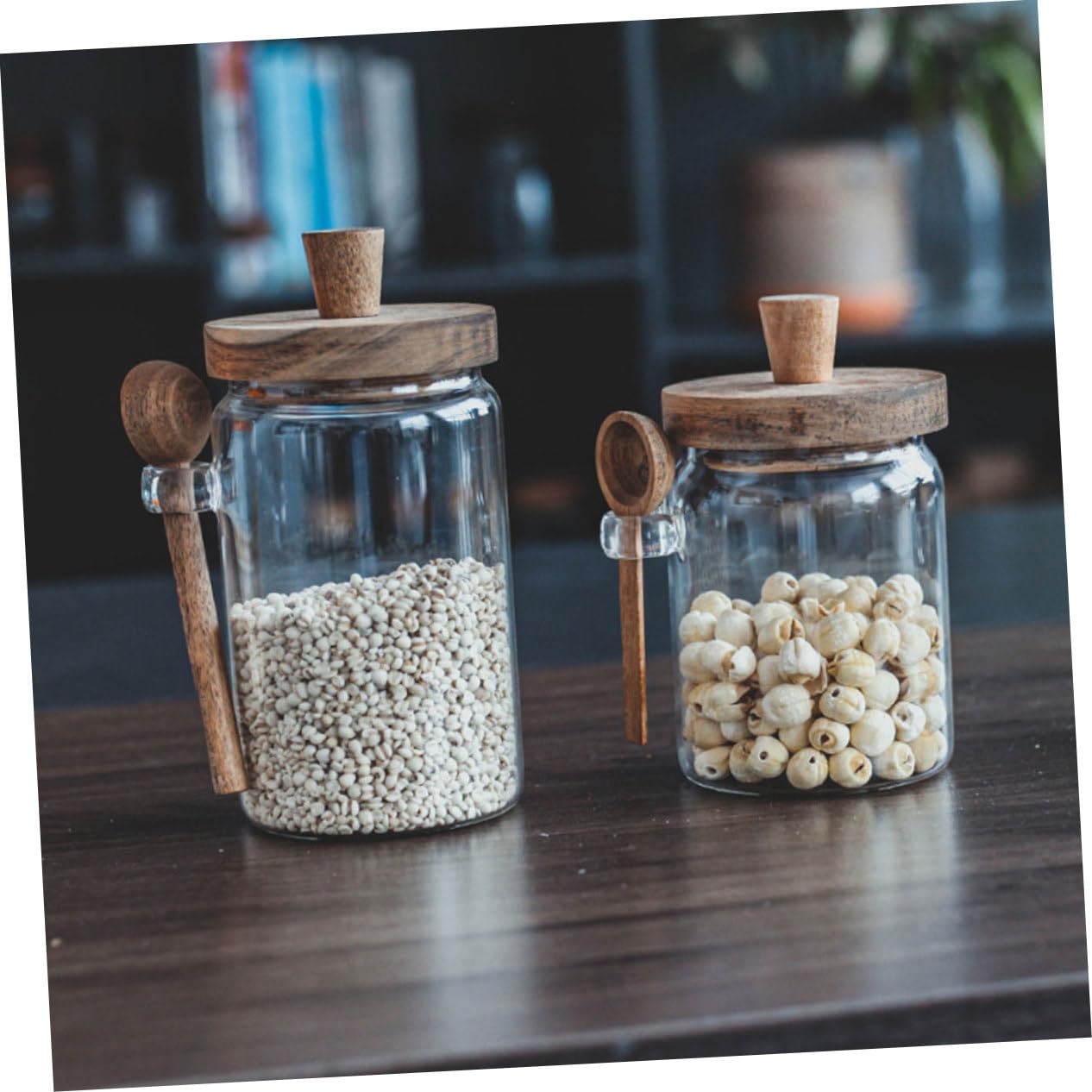 Hohopeti Salzbehälter mit Holzdeckel und Löffel 3 Stück Luftdichte Gewürzbehälter aus Glas 850ml/550ml/400ml Praktisches Design für Küche für Familiengebrauch