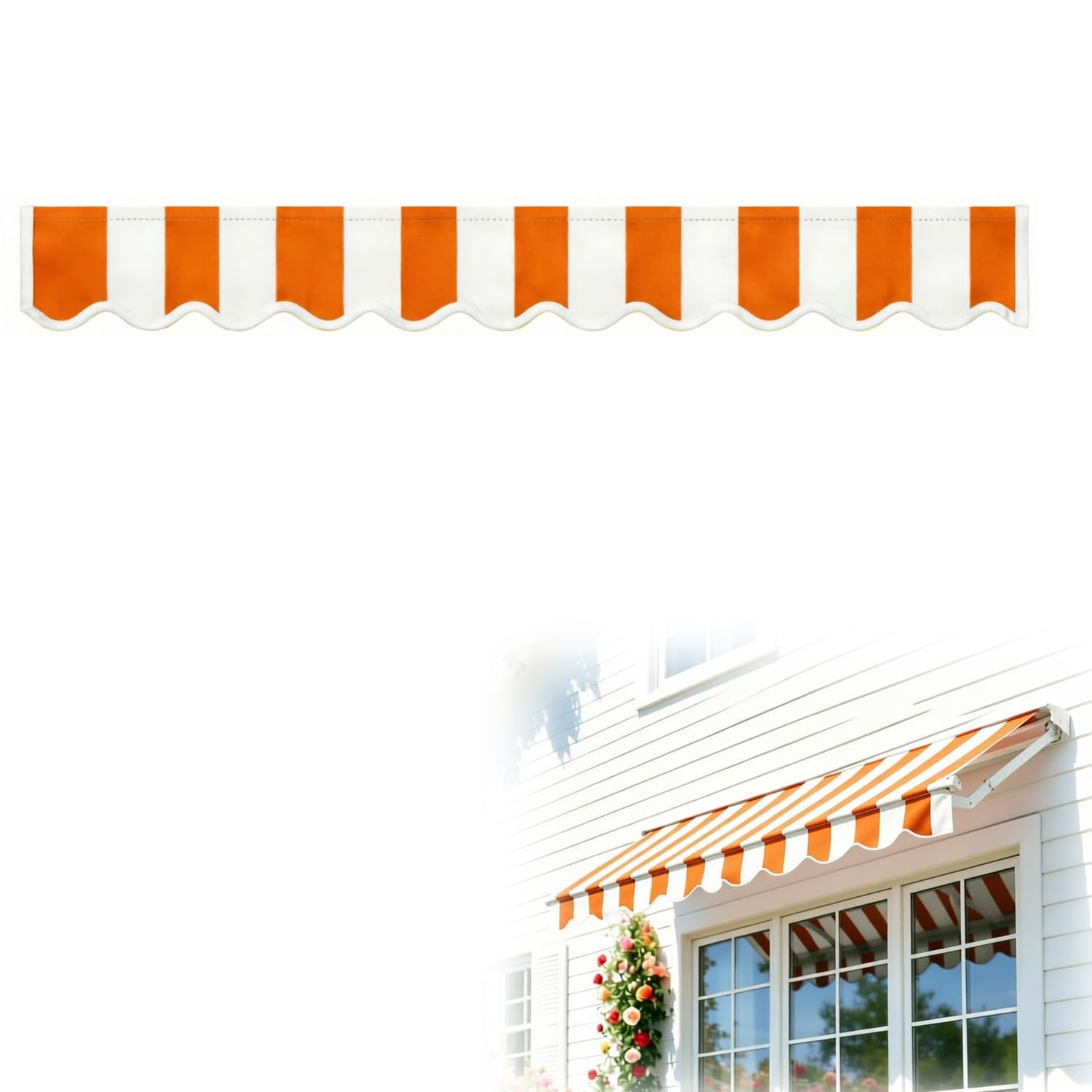 Sunshade Awning Valance Replacement Fabric for Retractable Awnings, Waterproof Polyester Replacement Patio Awning Wavy Canopy Valance, UV-Resistant for Window Shop Yard(Orange White,280cm)