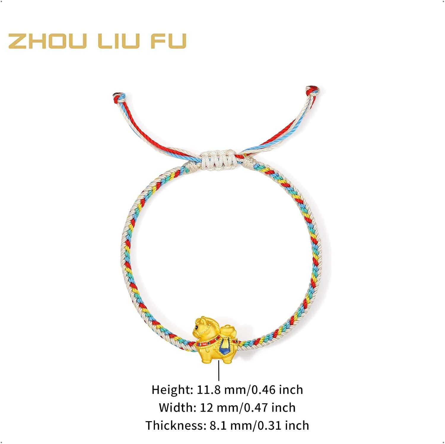 24K Solid Gold Horse Bracelets Real Gold Zodiac Colorful Braided Bracelet Dainty Jewelry for Women Her Couple Daughter New Year Anniversary Birthday 6.3-8.7"(16+6cm)