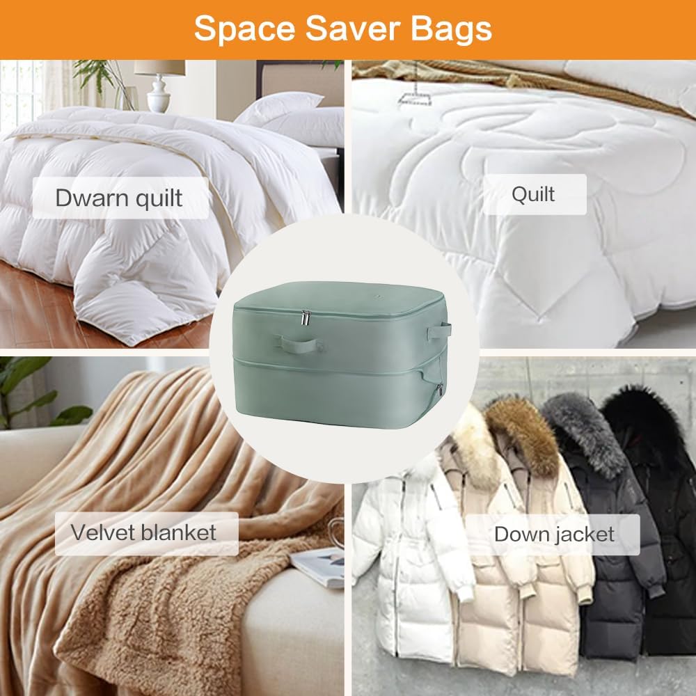 Ultra Space Saving Self Compression Storage Bags with Zipper, (Green) -Compression Organize for Bedding, Comforter Storage Bag for Blankets Duvet Quilts Pillows