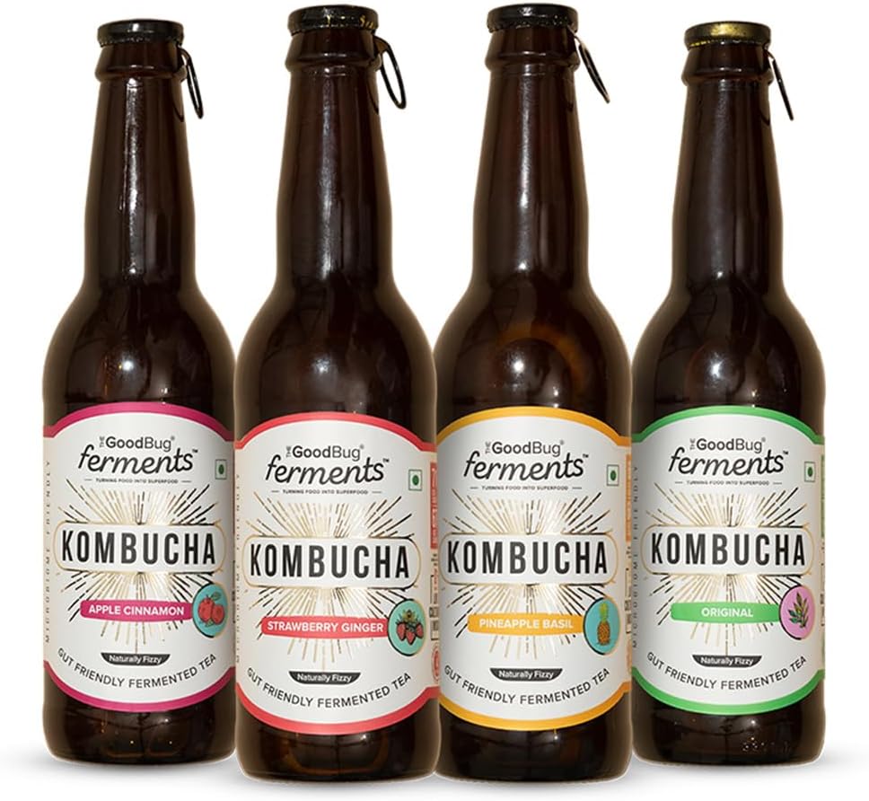 The Good Bug Kombucha | Assorted Pack | 1 Bn. CFU Live Cultures | Gut Friendly | Gluten-free | Immunity Booster | Antioxidant & Hydration | Pack of 4 | 300 ML