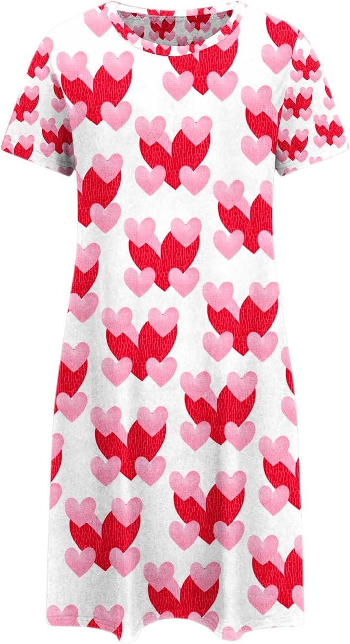 Valentine’s Day Nightgowns for Women Short Sleeve Sleep Shirt Cute Heart Print Pajama Nightshirt Soft Loose Sleepwear