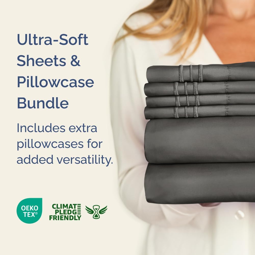 Charcoal 4-Piece Sheet Set & Pillowcase Bedding Bundle (Queen Size) - Complete Queen Sheet Set & 2 Pillowcases with Deep Pockets up to 16 inches - Hotel Luxury Quality - Soft, Breathable and Cooling