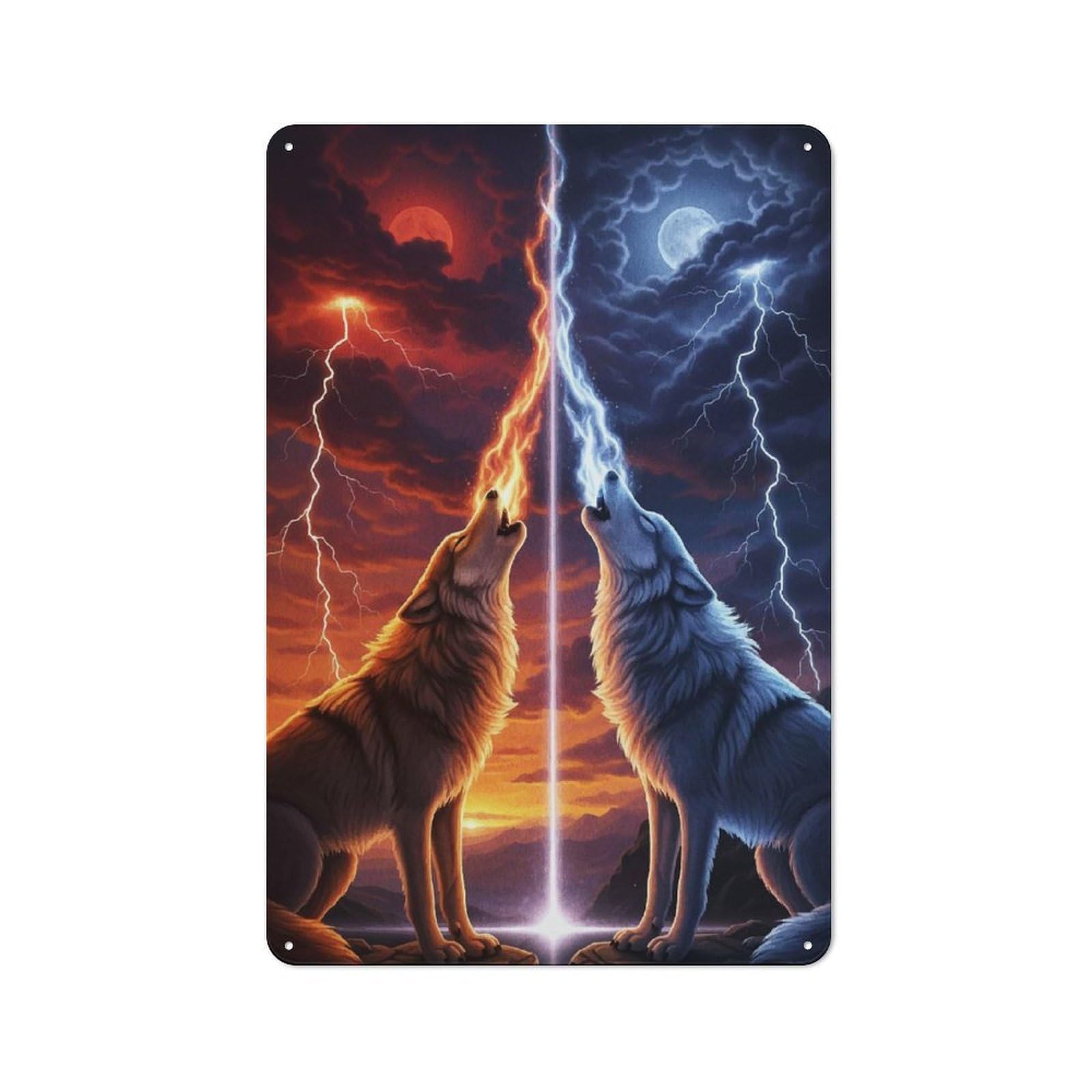 Junmoney Style-2 Elemental Wolves Howling At The Sky Metal Wall Sign 30X20cm, Rustic Decor For Pub Or Café, For Home Interiors, Feature Walls And Decorative Displays