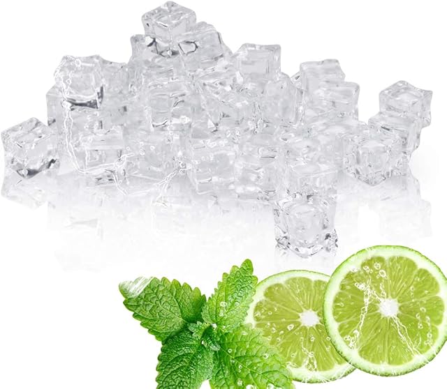 DURANTEY 60 PCS Artificial Acrylic Ice Cubes Clear Fake Ice Cubes Diamonds Plastic Ice Cubes Fake Crushed Ice for Home Decoration Wedding Display Vase Fillers (20 * 20mm)