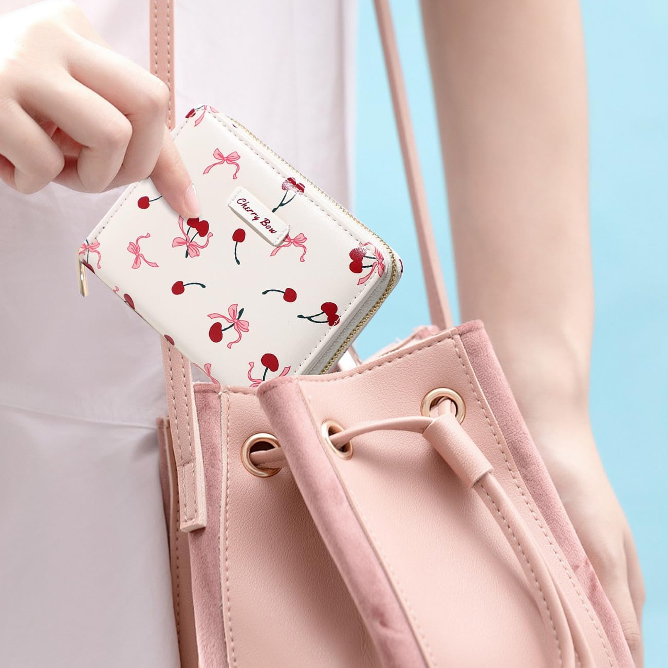 Sunwel Fashion Women Cute Print Wallets with Credit Card Slots ID Window & Zipper Coin Pouch (CHERRY BOW CREAM) - Image 6