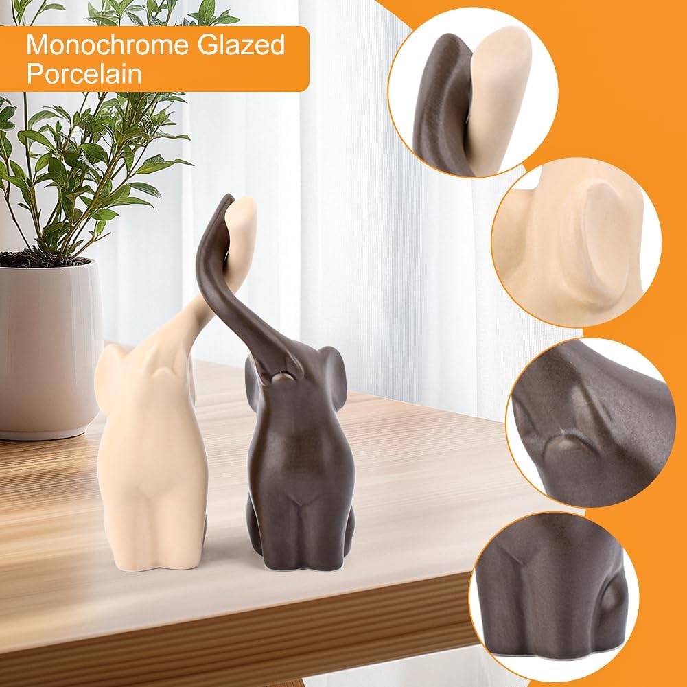 2 Pcs Loving Elephant Statue Figurine, Modern Ceramic Elephant Couples Ring Holder Home Decoration for Living Room Bedroom, Creative Animal Figurines Gift Ornaments(Color:Beige and Grey) - Image 5