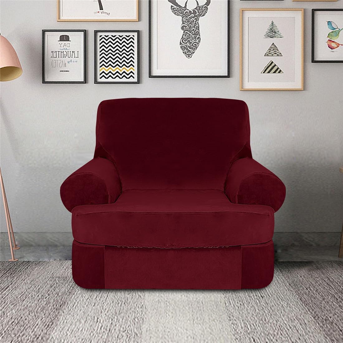 2 Pieces Stretch Sofa Covers T Cushion Chair Armchair Slipcovers with 1 Individual Thick Velvet T Cushion Shape Seat Couch Cover Furniture Protector Covers for Living Room