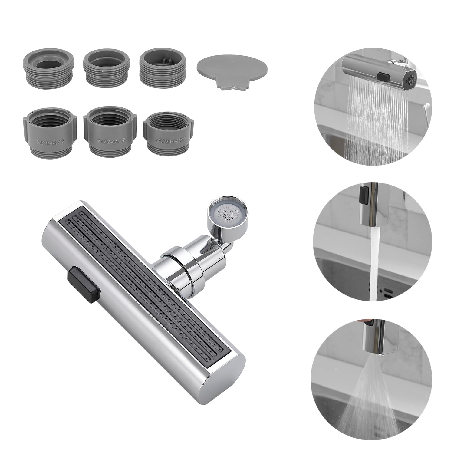 Kitchen Tap Spray Head,360° Swivel Spout,Kitchen Sink Tap,Tap Attachment Spray with 3 Modes, Replacement Tap Bubbler Head Aerator,Tap Adapter Accessories,Tap Extender with Waterfall Sprayer Chrome