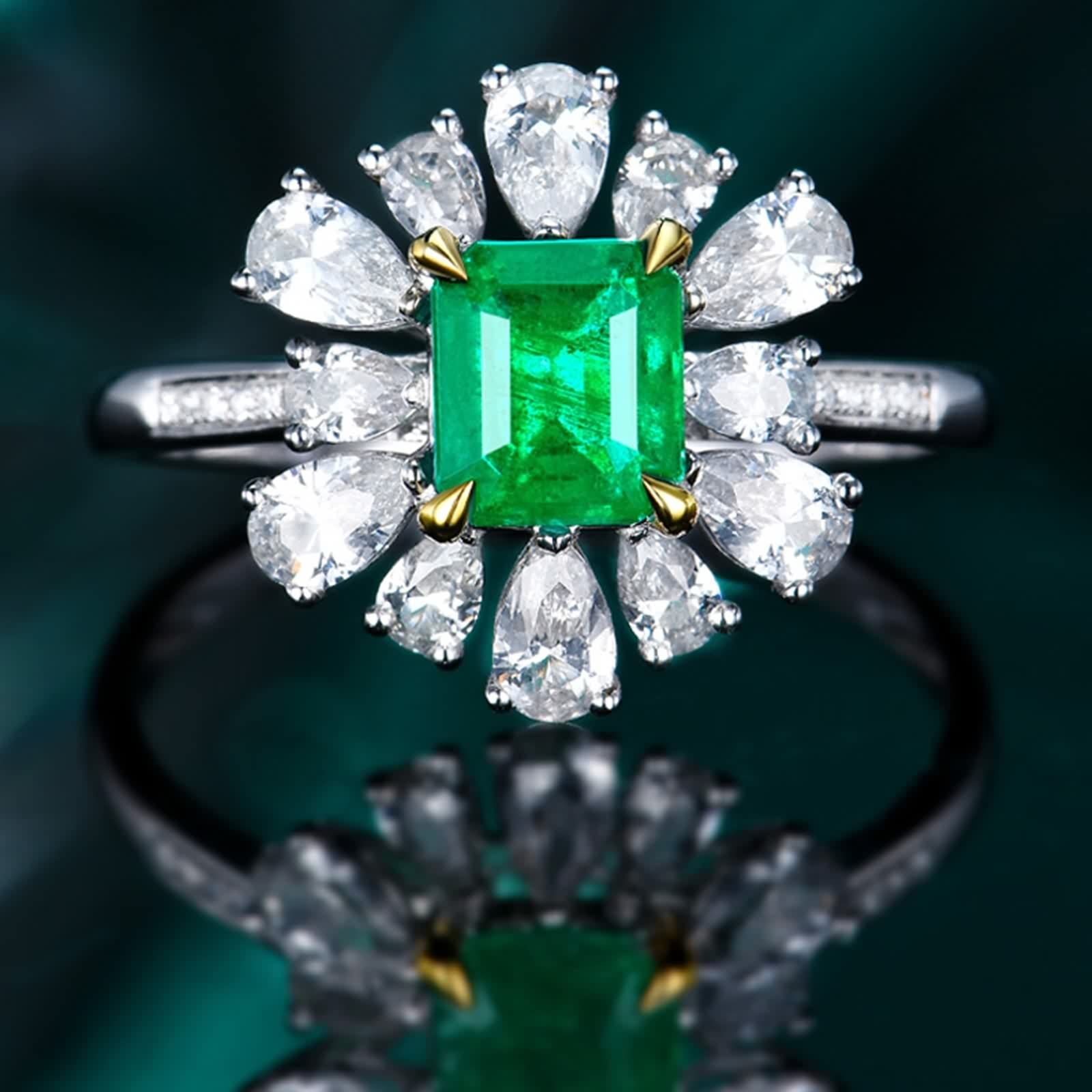 Anillos Mujer Plata Compromiso, Anillo Mujer Noviazgo Cuadrado de 4 Garras con Incrustaciones de Forma de Flor Esmeralda