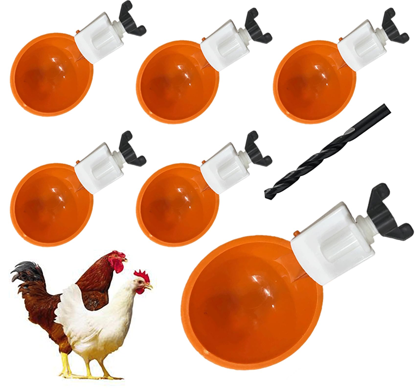 SaWeezAutomatic Chicken Water Cups | Chicken Water Feeder Mounted on Bucket/PVC Pipe,Suitable for Chicks,Duck,Goose,Turkey and Bunny,Chicken Waterer Nipples with a Drill Bit (6 Pack-Orange)