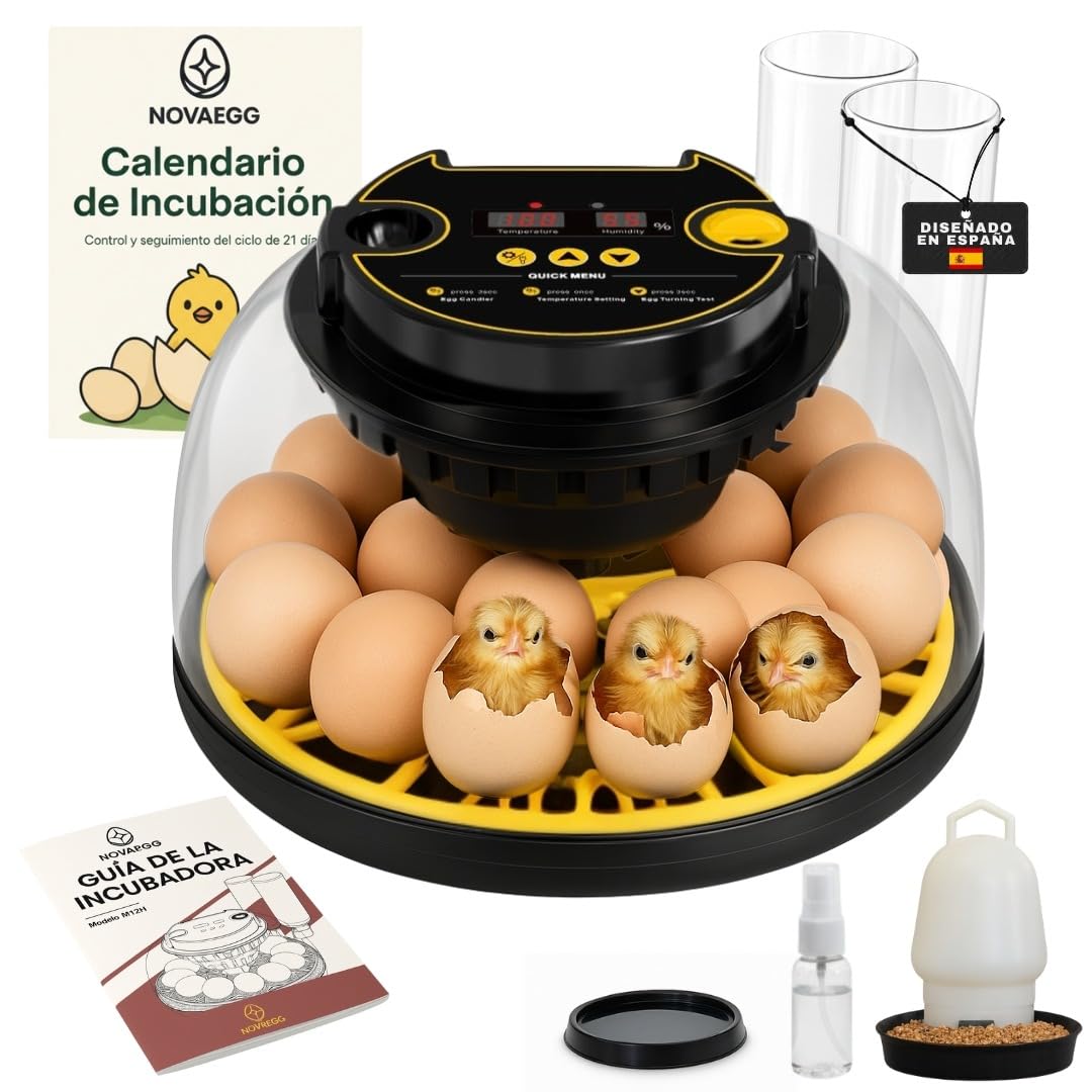INCUBADORA HUEVOS AUTOMÁTICA Para Todo Tipo De AVES| 12-16 Huevos| Control Automático De Temperatura, Humedad| Incluye Calendario,Comedero,Bebedero y Guía|Sin baterías,alimentación por enchufe 35W