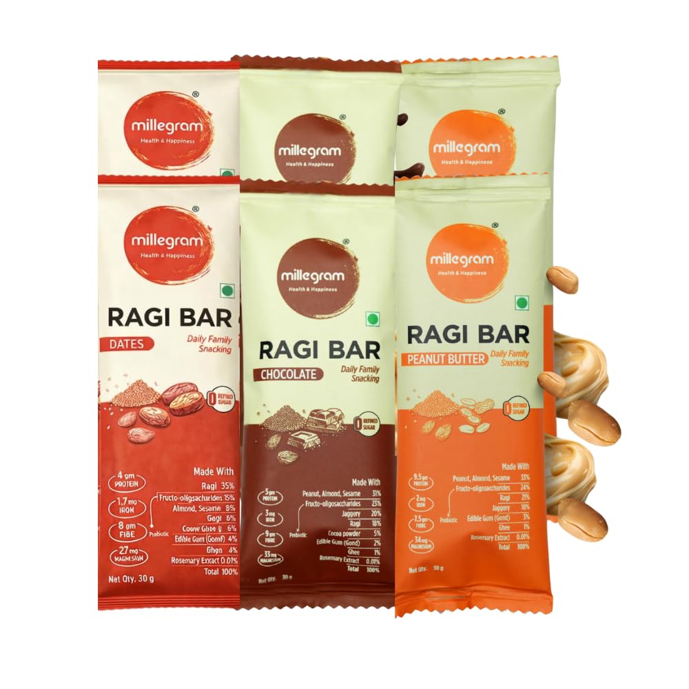 Millegram Ragi Bars Multi Flavours (Date, Chocolate and Peanut Butter - Pack of 30g X 24) - High Protein(9g), Fibre(7.5g), Magnesium, Iron, Goodness of Ragi, Almond & Cow Ghee. Gluten-Free Snack with No Added Refined Sugar, Preservatives-image-44