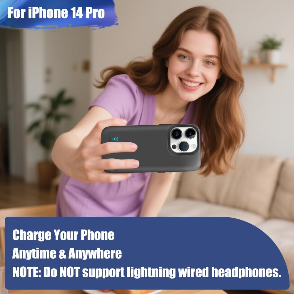 Battery Case for iPhone 14 Pro, 5000mAh Rechargeable Extended Battery Charging Charger Case, Add 100% Extra Juice (6.1 Inches) Black