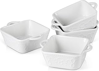 MALACASA, Serie Bake.Bake, Teglie in Ceramica da Forno/Mini Pirottini da 290 ml, Pirottini Quadrati/Teglie per Souffle, in Porcellana Bianca con Doppio Manico, 14 x 11 x 4,5 cm, Set da 4