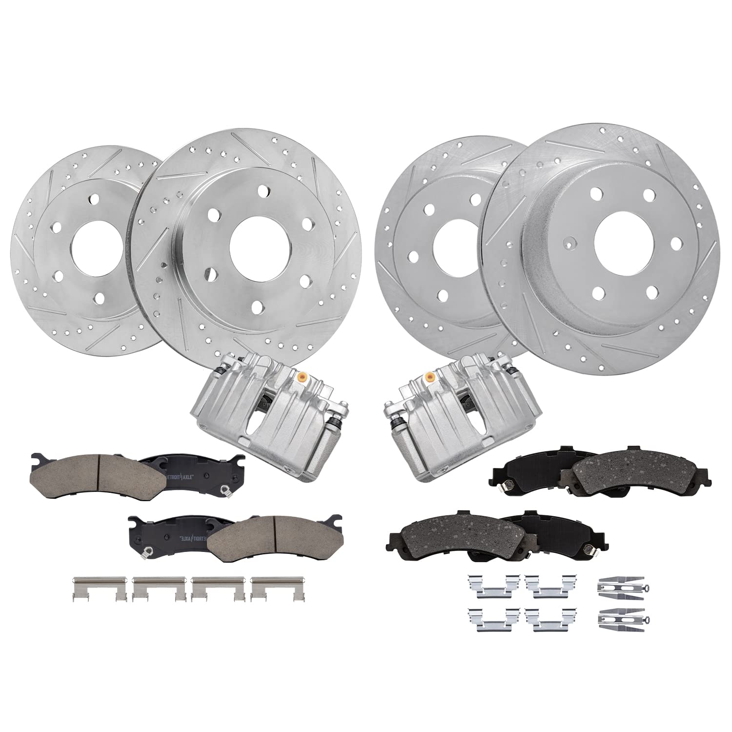 Detroit Axle - Front &amp; Rear Drilled Rotors Brake Pads + Rear Brake Calipers | Replacement for Chevrolet GMC Silverado Suburban Avalanche Sierra Yukon XL 1500 Tahoe Cadillac Escalade - 10pc Set