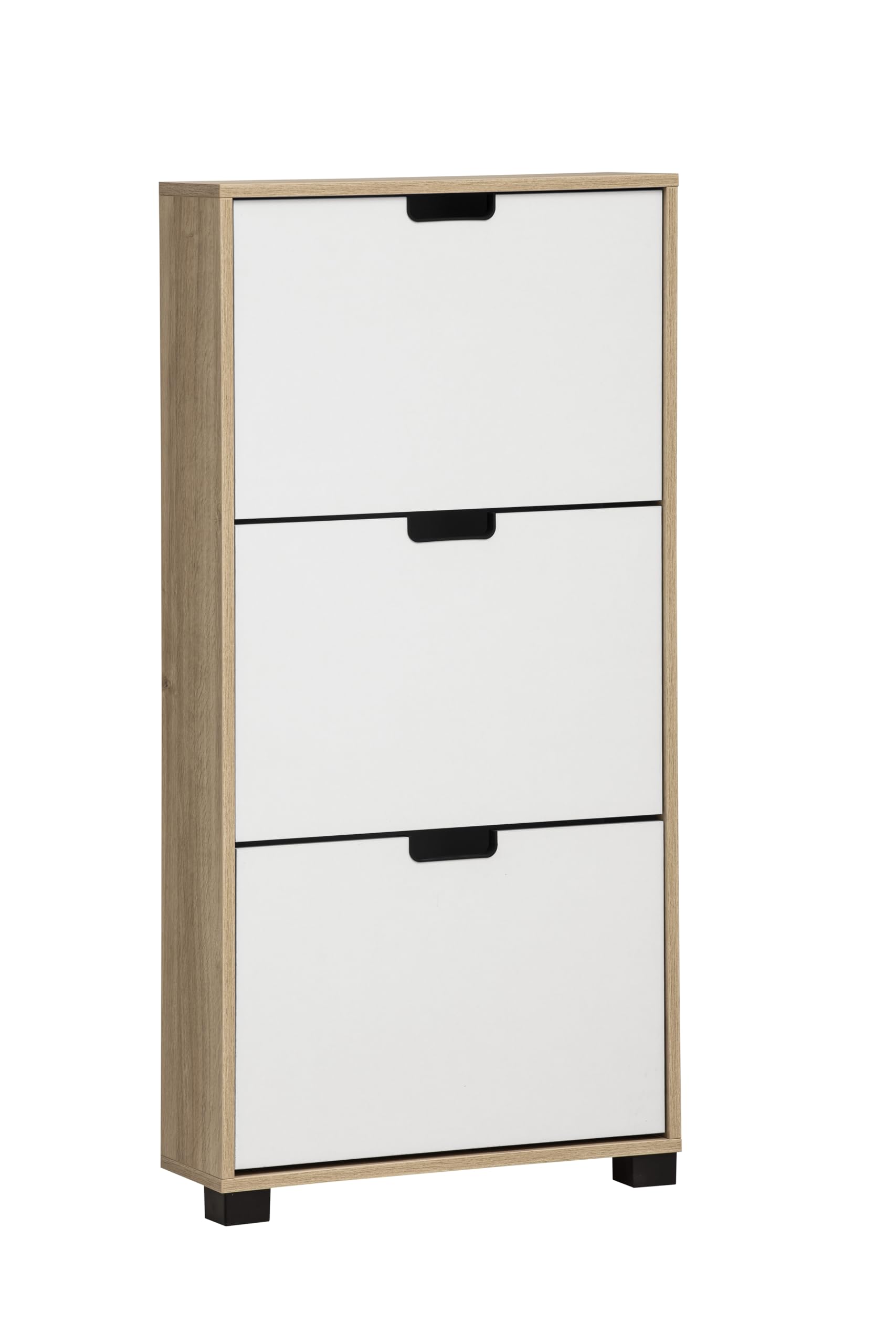 Zapatero para pasillos modernos Emmik en madera clara y blanco para mantener la entrada ordenada