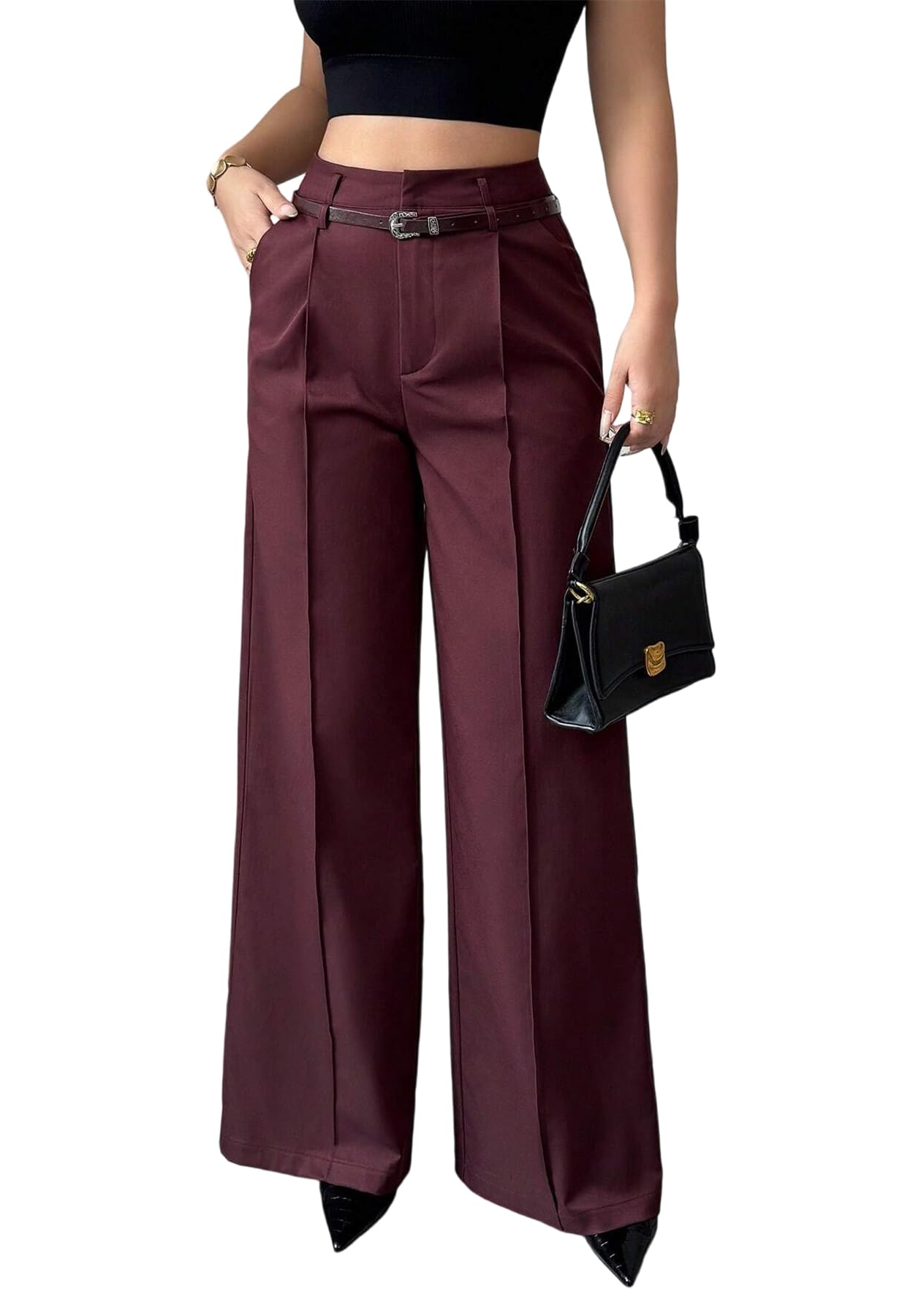 LETSVDO Womens Straight Leg Dress Pants High Waisted Belted Pleated Wide Leg Slacks Trousers for Work Business Office
