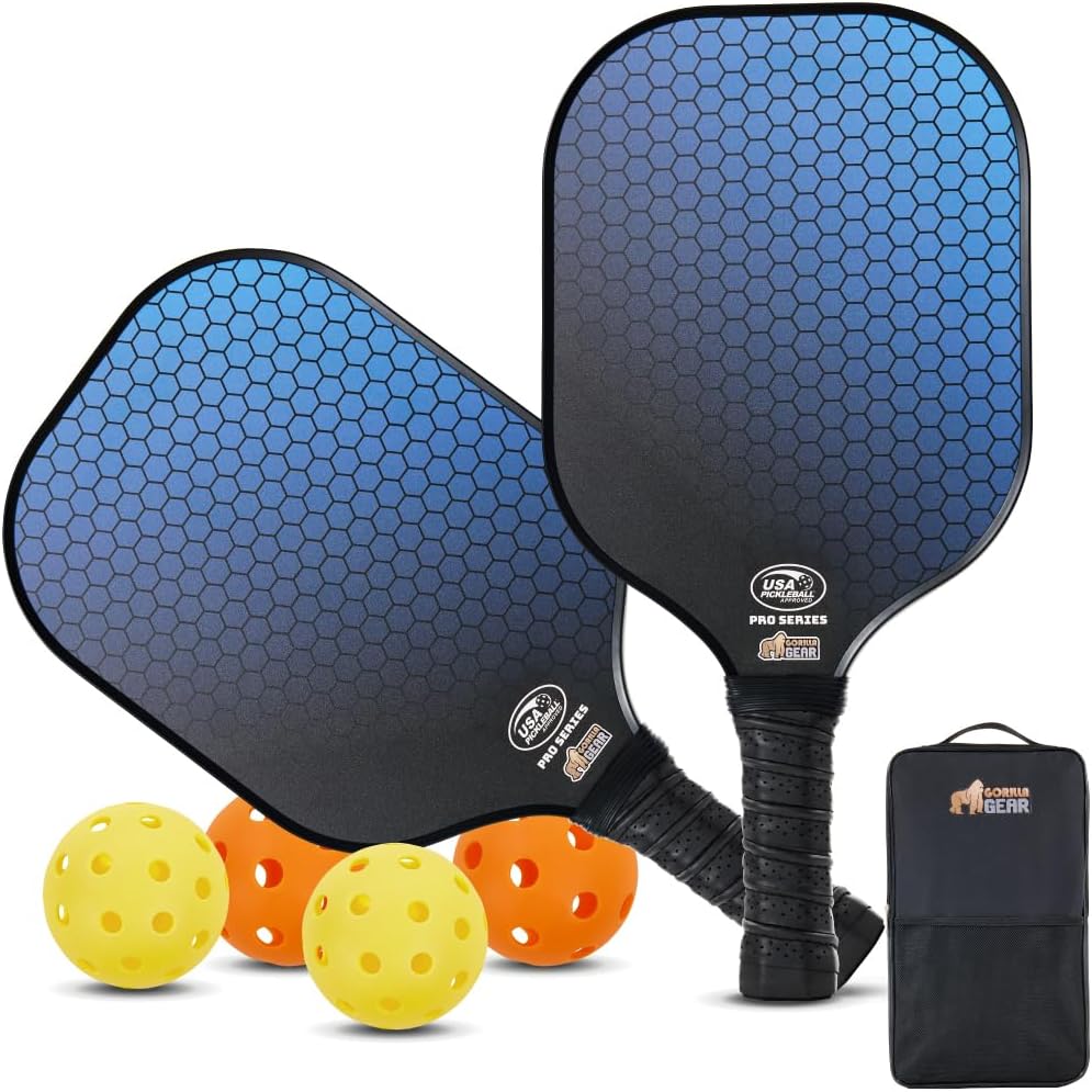 Gorilla Gear USAPA Approved Pickleball Starter Set, Fiberglass Paddles with Bag and Balls, Indoor Outdoor Court Use, Comfortable Racket Grip, Oversized Sweet Spot Pickle Ball Paddle for Men, Women 2 Pack Blue