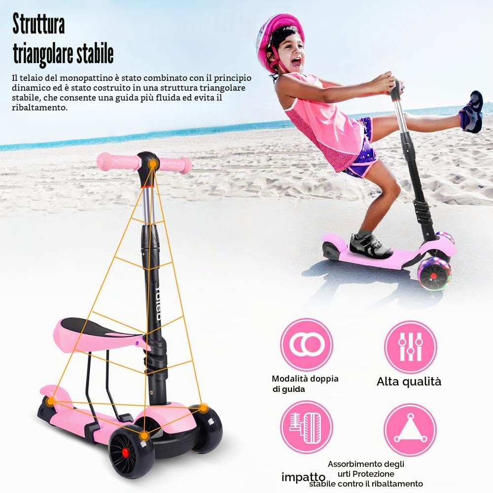 YOLEO Monopattino per Bambini 3-in-1, Monopattino 3 Ruote Lampeggianti in LED, Kids Scooter, Con Sedile Estraibile/Monopattino Bambini 2 a 8 Anni, Carico Massimo 50 Kg, Regalo per Bambini