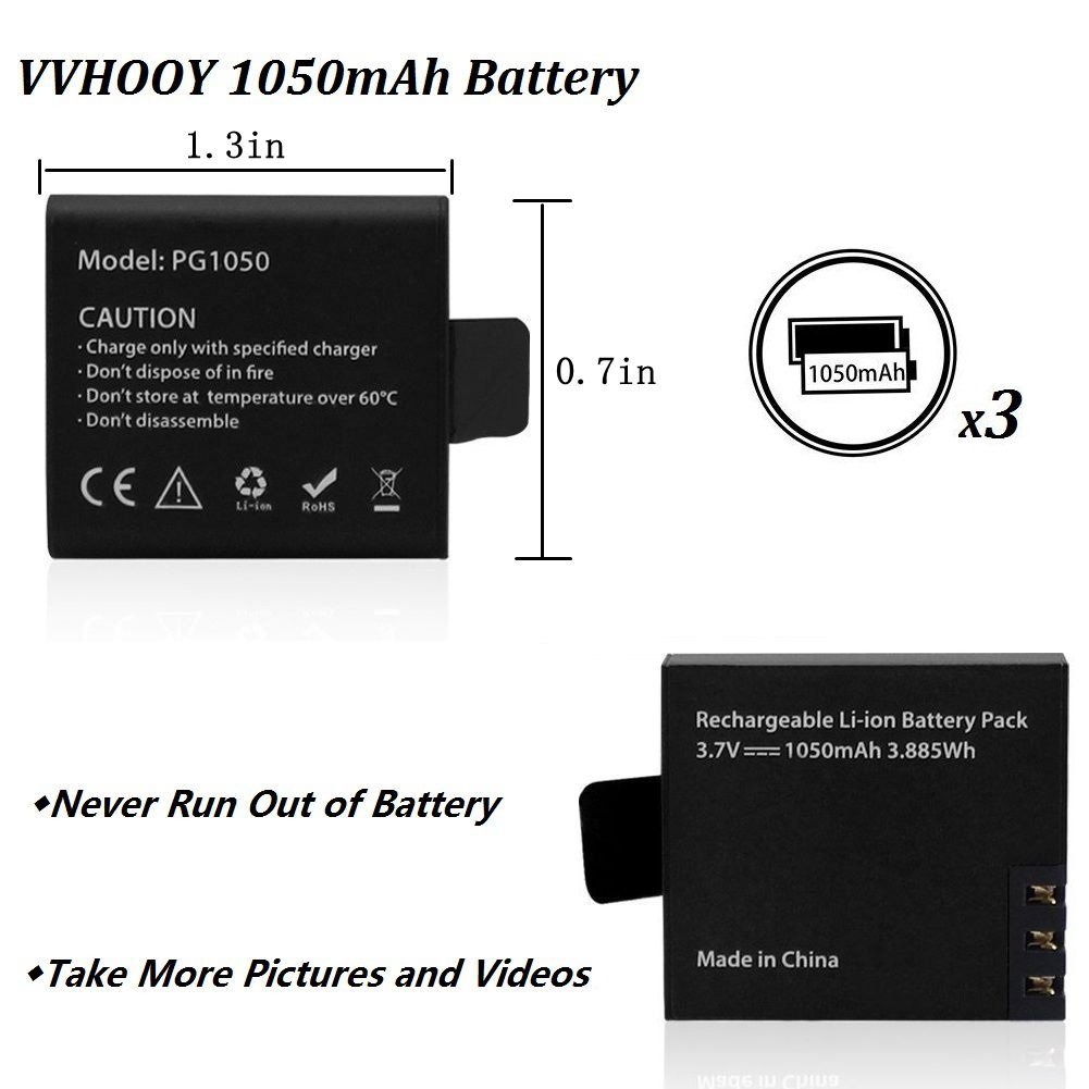 Buy VVHOOY 3 x 1050mAh Rechargeable Action Camera Battery with USB Dual