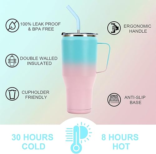 Miniatura 2 de Vaso de 40 onzas con asa y pajilla, tapa 2 en 1 (pajilla  abatible), taza de viaje de acero inoxidable aislada al vacío para bebidas calientes y