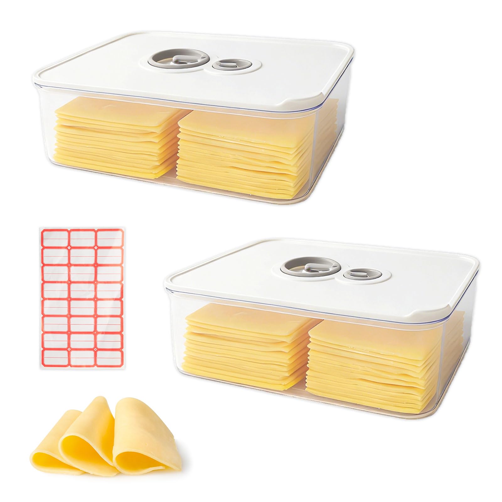 Luckwaii Cheese Box 2 Pcs Cream Cracker Storage Container with Small Sticky Labels, 1.25L Plastic Fresh Food Keeper with Airtight Lid and Time Recording for Fridge Fresh Dairy Chunks & Slices