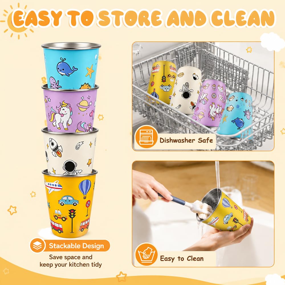 4 bicchieri per bambini in acciaio inox, 350 ml, in acciaio inox, robusti, 1 bicchiere in acciaio inox, per picnic e famiglie (blu, rosa, giallo, bianco)