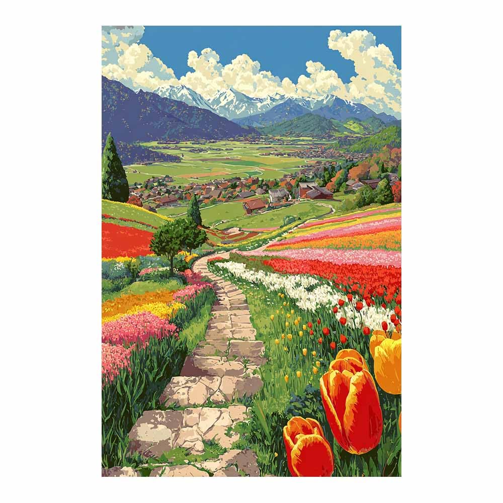 HOQIU Beautiful wall art Mountainse Tulip Fields canvas artwork for wall, art prints, For living room, bedroom, bathroom, dining room, painting and decor.(Multicolor)-30x40cm Unframed