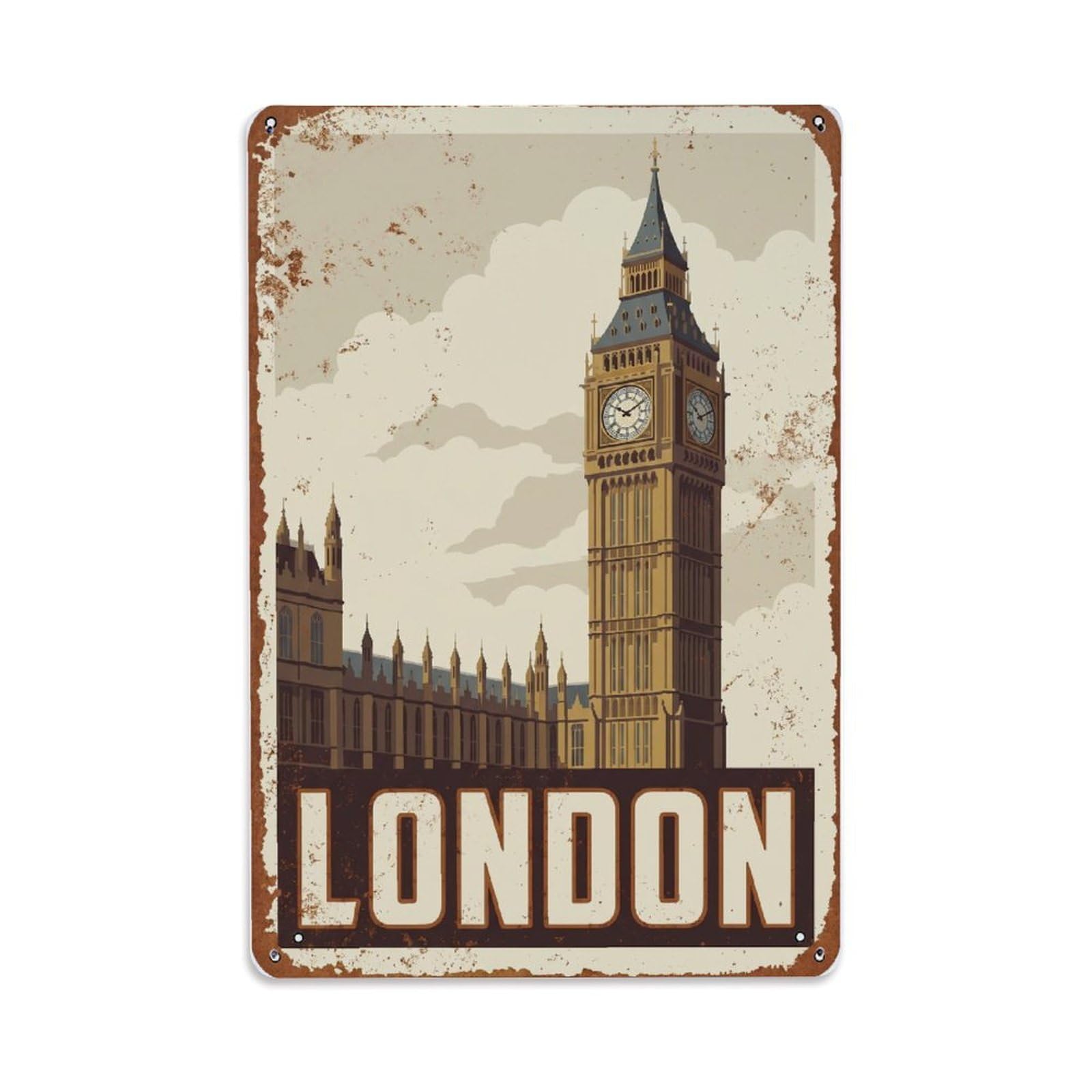 Vintage Travel London Big Ben Clock Tower Rusted England Metal Tin Sign Plaque Wall Decor for Cafe, Club Bar, Office, Home Garden Metal Poster 8x12Inch