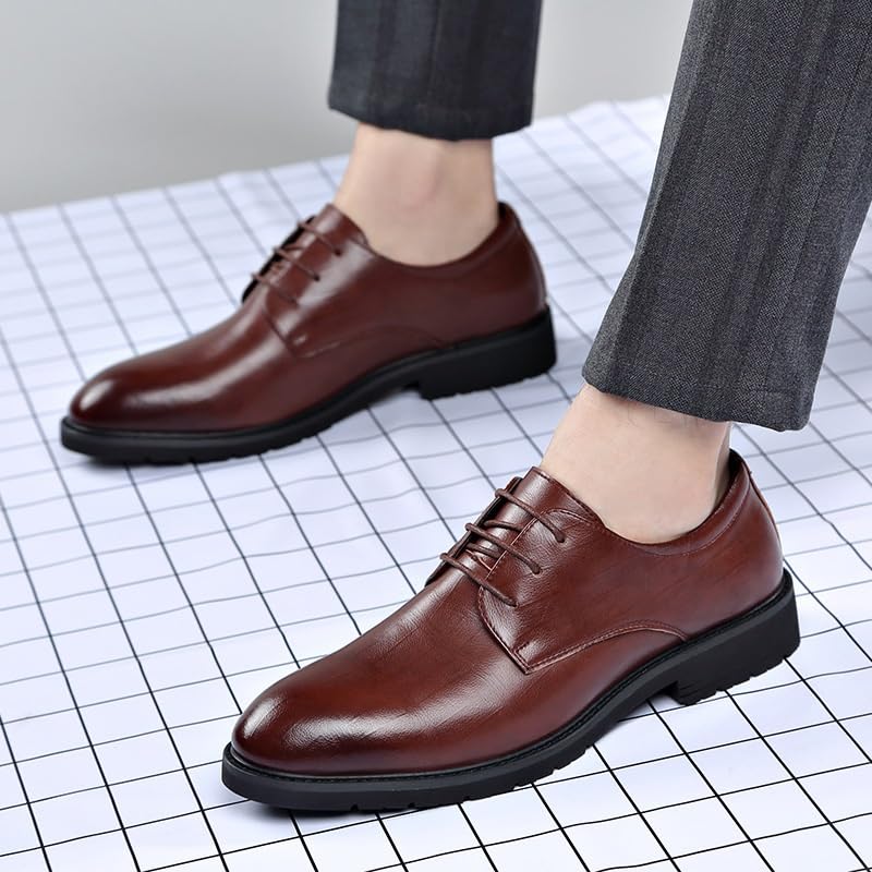 Men's Leather Dress Shoes Lace Up Vintage High Gloss Dress Shoes Classic Modern Wedding Formal Dress Shoes(Brown,10)2