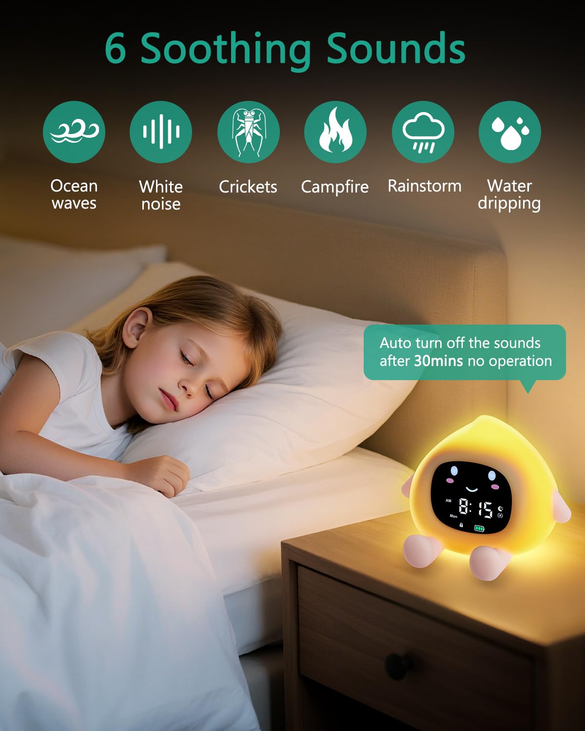 ORIA Digitaler Kinderwecker, 12/24h Schlaftrainer Kinder mit 9-Farbigem Nachtlicht, 6 Beruhigenden Geräuschen, Einstellbare Helligkeit und Lautstärke, für Baby, Kinder