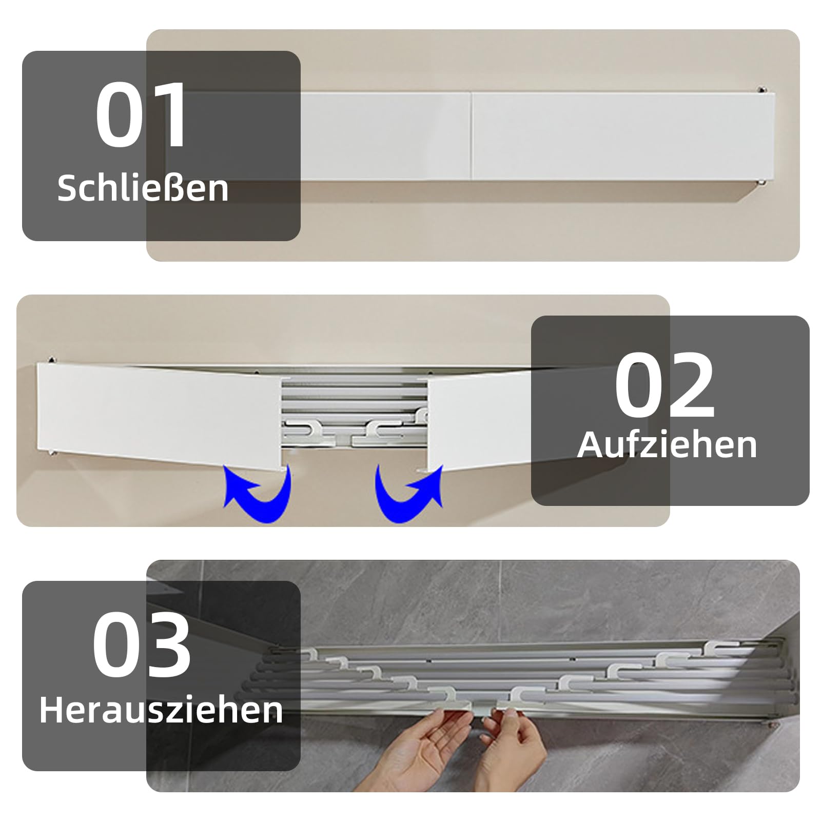 TWSOUL Wäscheständer Wandmontage, Wäschetrockner Wand mit 4 Stangen, Trockenständer 50cm, Ausziehbar, Faltbar Hide, Platzsparender, Kohlenstoffstahl, für Badezimmer, Balkon, Terasse (Weiß ohne Haken)