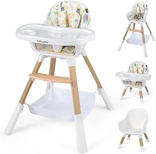 HONEYJOY 4-in-1 Convertible Wooden Baby High Chair with Adjustable Height, Double Dishwasher-Safe Tray, Storage Basket & 5-Point Harness - Beige