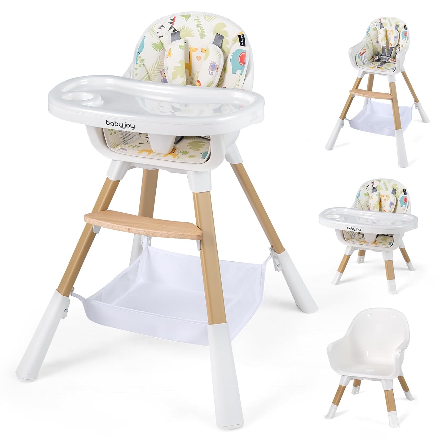 HONEYJOY 4-in-1 Convertible Wooden Baby High Chair with Adjustable Height, Double Dishwasher-Safe Tray, Storage Basket & 5-Point Harness - Beige