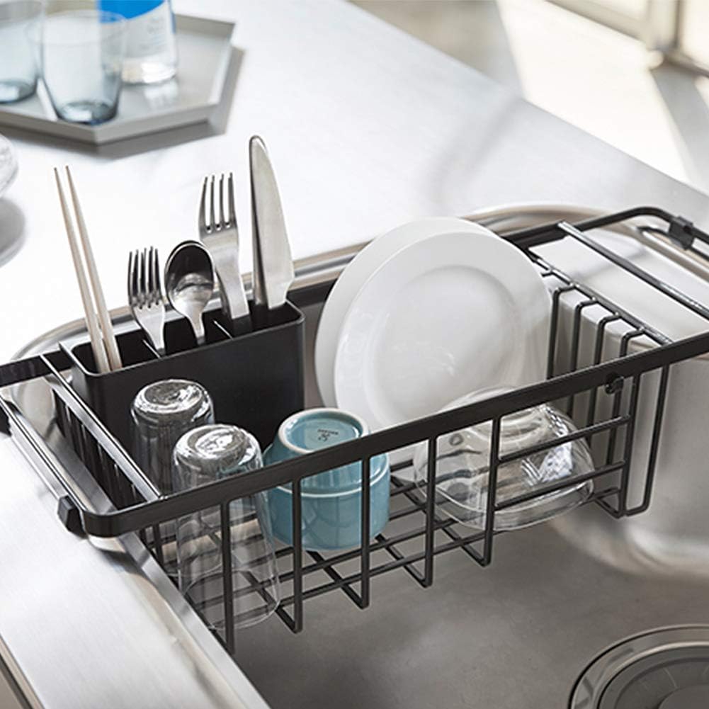 Yamazaki 3492 Telescopic Drainer Wire Basket, White, Approx. W17.3-21.3 x D7.7 x H5.5 inches (44-54 x 19.5 x 14 cm), Tower Dish Drying Rack, Cutlery Pocket