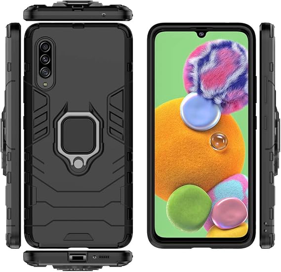 Compatible with Samsung Galaxy A90 5G Case, Metal Ring Grip Kickstand Shockproof Hard Bumper (Works with Magnetic Car Mount) Dual Layer Rugged Cover (Black)