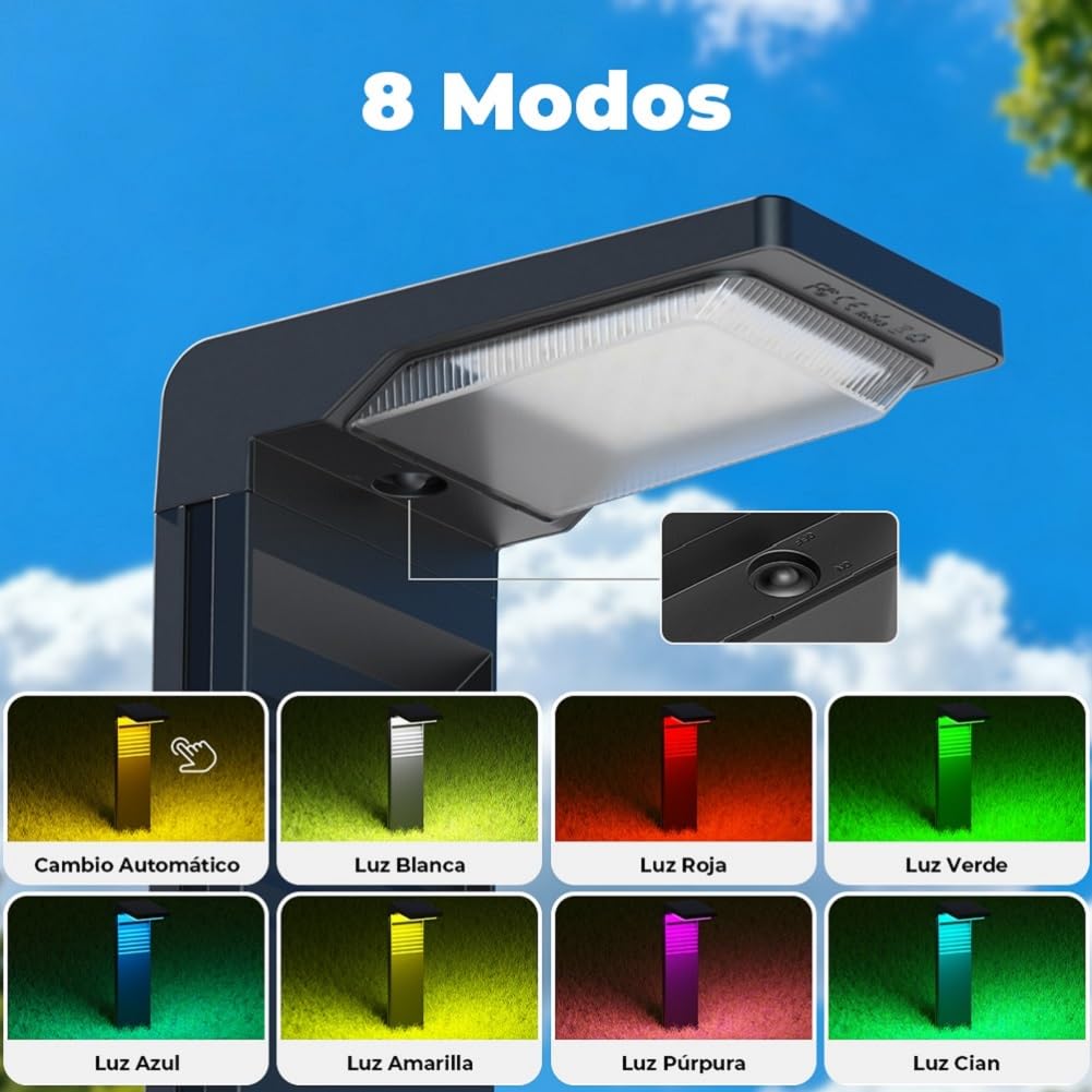 OUSFOT Farola Solar Exterior RGB con 8 Modos de Color, 2000 mAh Impermeable Luces Solares LED Exterior Jardin con 30 LED, Focos Solares para Pasillos, Fiestas, Navidad, Halloween, 4 Piezas