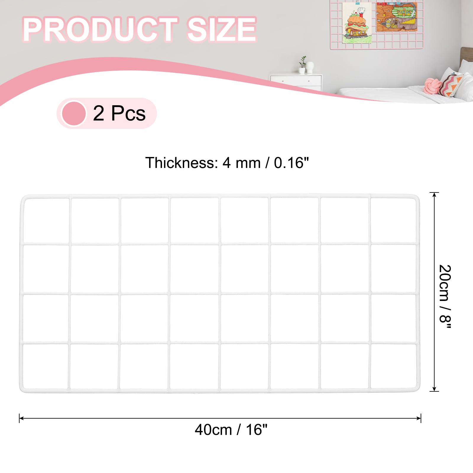 PATIKIL 40x20cm Wire Grid Panel, 2 Pack Board Photo Pictures Memo Display Grid Panels Hanging Organizer Wall Decorative Panel for Home Office Wedding, White - Image 2